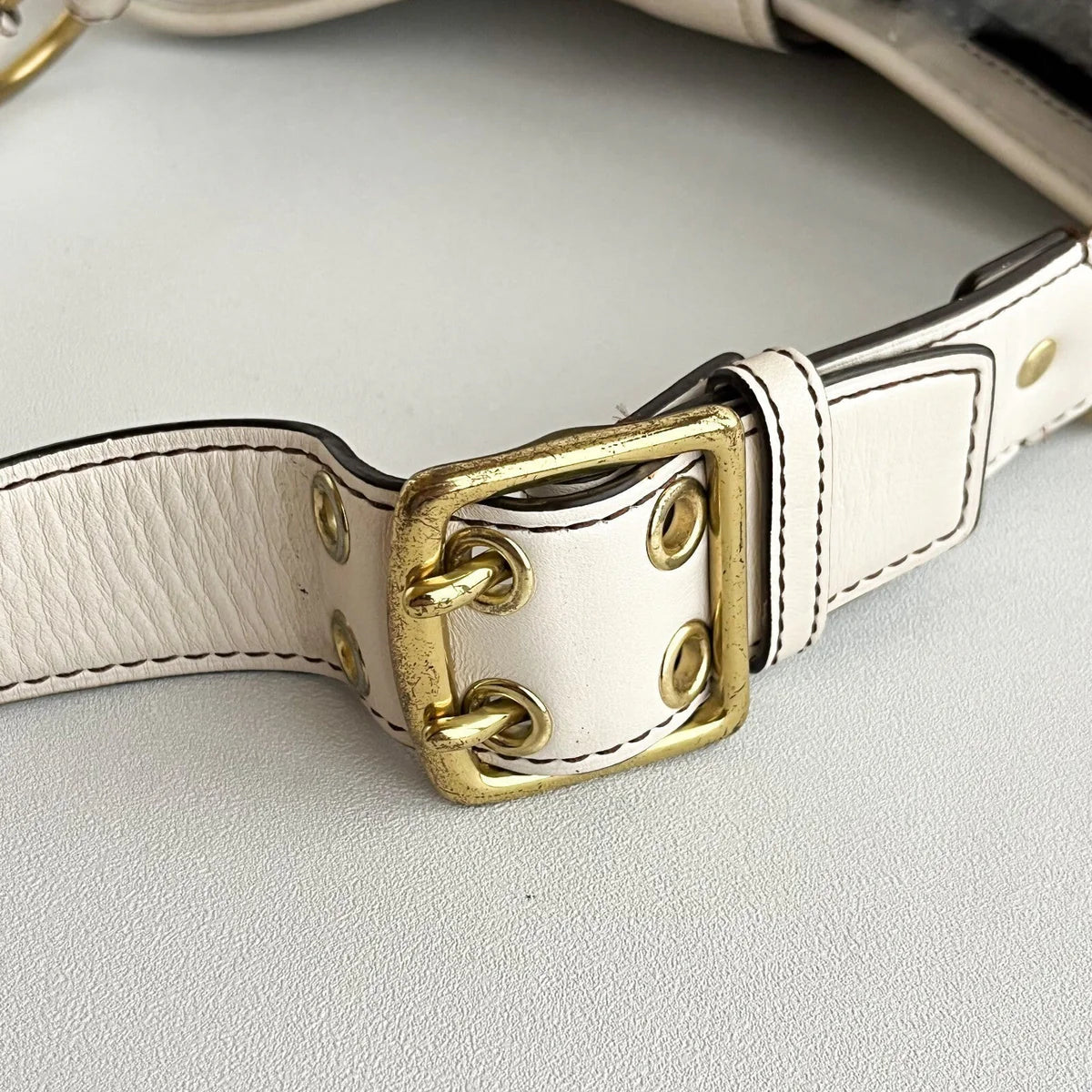 Vintage White Leather Belt with Gold Buckle Detail